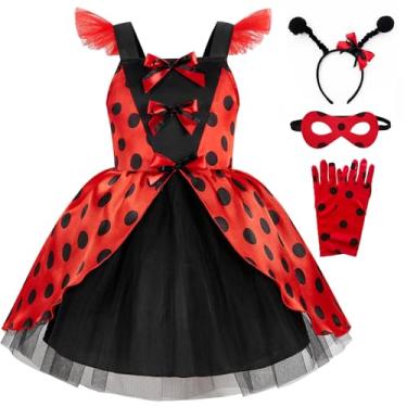 Imagem de TYHTYM Ladybug Costume for Girls Black Polka Dots Red Ladybird Dress Up Pretend Play Cosplay Halloween Birthday with Accessories (Red, 4-5Y)