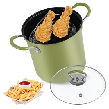 Imagem de Panela de fritadeira com cesta de filtro Frigideira de aço inoxidável Frigideira resistente ao calor Frigideira Mini óleo Fritadeira Recipiente de óleo para fritar peixe camarão 3L (verde)