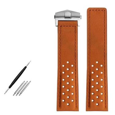 Imagem de DFAMIN Pulseira de relógio de couro genuíno de 22 mm para relógios de pulso masculinos TAG HEUER MONACO Series Pulseira de relógio de fivela dobrável Nubuck (prata marrom claro)