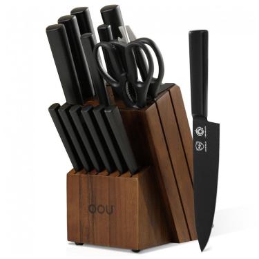 Imagem de Conjunto de Facas em Aço Inoxidável com Bloco de Bancada e Afiador Embutido, 15 Peças, OOU, Preto e Marrom