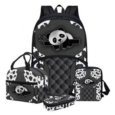 Imagem de Mochila escolar gearider prata com estampa de pandas 4 em 1 com lancheira, bolsa tiracolo e estojo