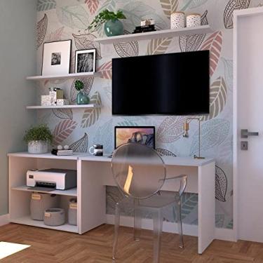 Imagem de Conjunto Home Office com Escrivaninha, Estante Baixa e 3 Prateleiras Bramov Branco/cinza Cristal