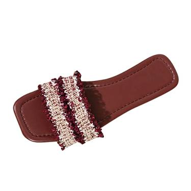 Imagem de Sandálias respiráveis de bico aberto para mulheres moda verão tecido com bloqueio de cor bico quadrado sandálias de praia planas (vinho, 6,5)
