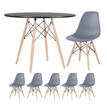 Imagem de Mesa Redonda Eames 100 Cm Preto + 5 Cadeiras Eiffel Dsw Cinza Escuro