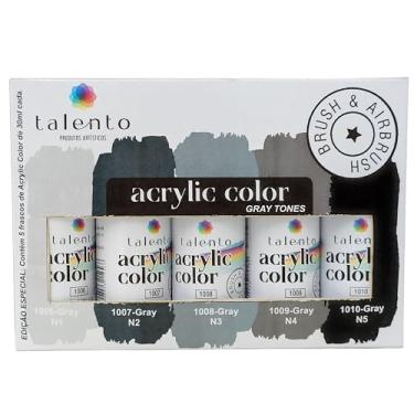 Imagem de Tinta Acrílica para Modelismo Talento, Conjunto Gray Tones com 5 Cores de 30ml, Compatível com Pincel e Aerografia