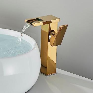 Imagem de Torneira para pia de banheiro com mudança de cor, montagem em deck, alça única de latão, furo único, curto/alto, torneira misturadora de água fria e quente, altura cromada dourada