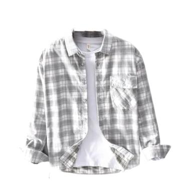 Imagem de Camisa xadrez masculina outono inverno algodão sólido sólido veludo cotelê gola quadrada manga longa roupas vintage, Branco, M