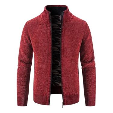 Imagem de Casaco masculino de malha, casaco cardigã quente engrossado, Vinho tinto, X-Small