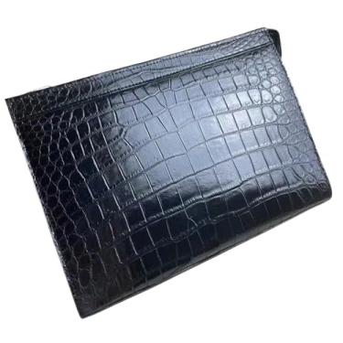 Imagem de Bolsa masculina autêntica de couro de crocodilo real grande para cartão postal de couro de jacaré exótico genuíno para homens de negócios, Preto, 27cm(Length) x 20cm(Height) x 6cm(Deep)