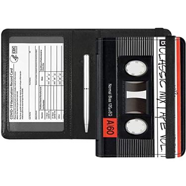 Imagem de Rossy Combo porta-passaporte e cartão de vacina, porta-passaporte com compartimento para cartão de vacinação CDC carteira com bloqueio de RFID, organizador de documentos de viagem, capa protetora para mulheres e homens, Cassete de áudio retrô