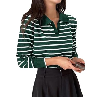 Imagem de COZYEASE Suéter feminino listrado estampado gola gola casual manga longa pulôver suéter top, Verde escuro, P