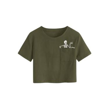 Imagem de SweatyRocks Camiseta cropped feminina com estampa floral e manga curta, Verde escuro, M