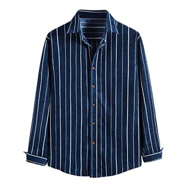 Imagem de XZHDD Camisas de veludo cotelê para homens, camisa xadrez listrada de outono, manga comprida, gola virada para baixo, negócios, casual, 35-azul, G