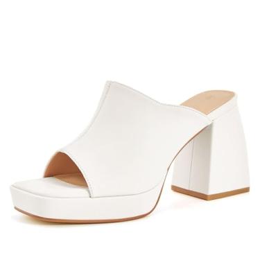 Imagem de Coutgo Sandália feminina de plataforma grossa sem cadarço bico quadrado salto alto sexy Mules, Branco, 7