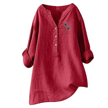 Imagem de Camisas de linho grandes para mulheres, casuais, soltas, gola V, gola V, túnica, confortável, básica, abotoada, blusas de manga comprida, Z06 - vermelho, 4G