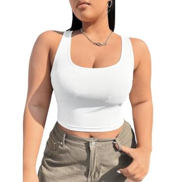 Imagem de RoseSeek Camiseta regata feminina plus size, sem mangas, caimento justo, gola canoa, malha canelada, Branco, XXG Plus Size