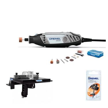 Imagem de Kit micro retifica dremel 3000 220v + suporte tupia de mesa 231 + fresa 618 para chanfrar 1/2