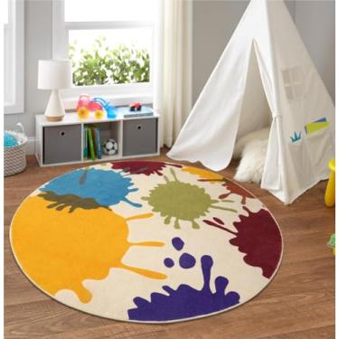 Imagem de STARUIA Tapete redondo de arte para sala de jogos, tapete infantil colorido para berçário, tapete circular antiderrapante para quarto de crianças, lavável à máquina, tapete circular macio de