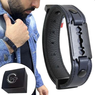 Imagem de Pulseira Couro Lâmina Barbeiro All Black - NE-Unissex