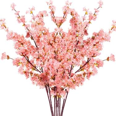 Imagem de Giegxin Conjunto de 8 ramos de flor de cerejeira de seda, hastes de árvore de cerejeira, caule longo, flores artificiais para vaso alto, flores de cerejeira para arranjos florais de vaso de casamento