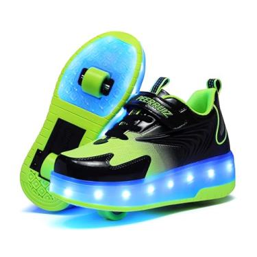 Imagem de GIMKOUNN Tênis de patins para meninas, recarregável, USB, 2 rodas, patins para iniciantes com 16 modos, luz LED, piscando, unissex, infantil, skate, meninos, estilosos, presentes, Verde, 17