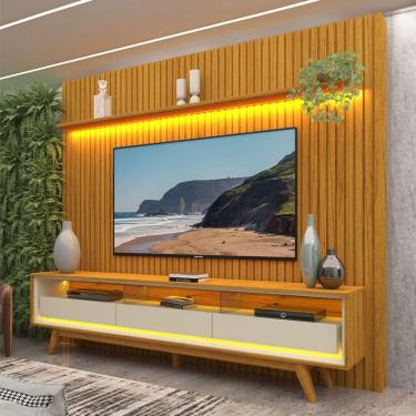 Imagem de Rack com Painel para TV Até 85 Polegadas Nobre 3 Gavetas Ripado 100% Mdf com Led Naturale/Off White - Gelius
