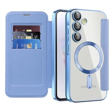 Imagem de Capa de celular magnética com clipe para cartão de couro flip para Samsung S24 S23 Ultra FE S22 Plus A55 A35, capa carteira transparente revestida, azul-serra, para Galaxy S23Plus