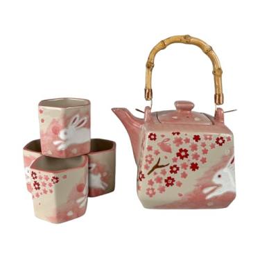 Imagem de Conjunto de chá de porcelana em forma quadrada de 591 ml bule com 4 xícaras hexagonais pintadas à mão flores de cerejeira design de coelho alça superior estilo japonês (rosa)