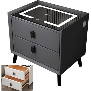 Imagem de Mesa de cabeceira inteligente, mesa de cabeceira moderna com 2 gavetas, com luzes LED ajustáveis, portas USB, estação de carregamento sem fio, Bianco, 40 cm/15,7 pol.