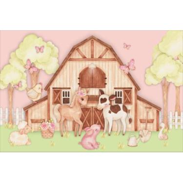Imagem de Painel de Lona Fazendinha Aquarela Animais Celeiro de Madeira  Fundo R