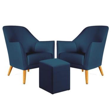 Imagem de Kit 2 Poltronas Estofada Orion com Puff Izar Sued Azul Marinho Aradeco