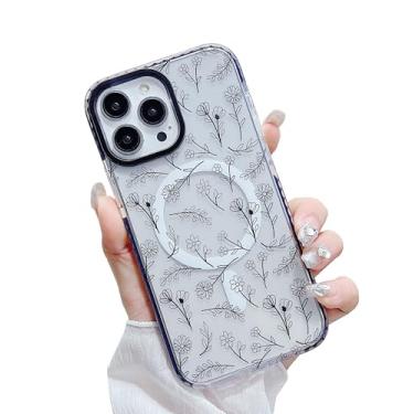 Imagem de YUMUPIFE Capa projetada para iPhone 15 Pro [compatível com MagSafe] Capa floral transparente lindas flores pretas para mulheres meninas capa de silicone macio à prova de choque para iPhone 15 Pro capa