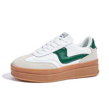 Imagem de LUCKY STEP Tênis Plataforma Feminino Salto Grosso Cabedal Camurça e Couro Legítimo Sola Borracha Clássica Antiderrapante Casual (Branco/Verde, 6US-35BR-23MX)