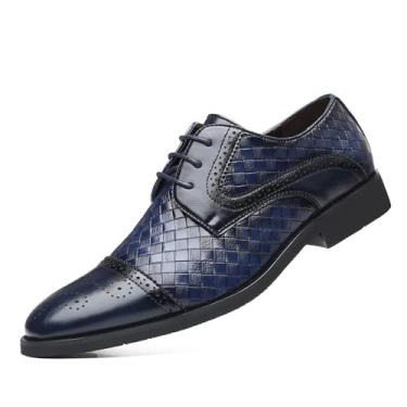 Imagem de Sapato social masculino casual de negócios, italiano, príncipe, clássico, com cadarços, brogues, moderno, formal, tecido Oxfords, Azul, 46