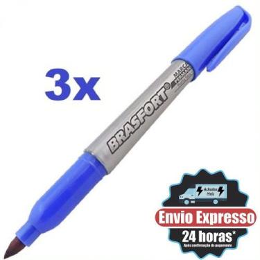 Imagem de Kit 3 Canetas Marcador Permanente Azul Ponta Fina Seca Rapido - BRASFO