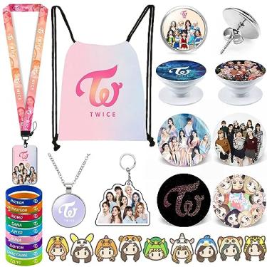 Imagem de eTel Like Conjunto de presentes Kpop Twice, incluindo mochila com cordão, colar, brincos, pulseiras, pinos de botão, suporte de identificação de cordão, chaveiro, suporte de anel de telefone, emblema de desenho animado, Zinco, Opala