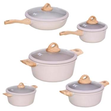 Imagem de Jogo de 5 Panelas em Ceramica Acabamento Madeira, 5 Peças, Indução, Fogo, Eletrico com Tampa de Vidro. (Creme)