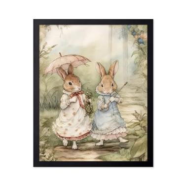 Imagem de Poster Master Pôster vintage Two Cute Rabbits - Impressão Walking Through The Woods - Arte de coelho - Arte de livro de histórias - Arte em aquarela - Arte estética - Decoração de quarto infantil ou