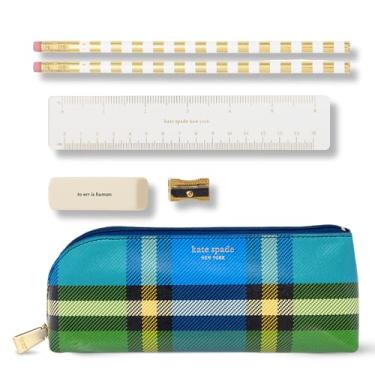 Imagem de kate spade new york- Estojo para caneta e lápis com material de escritório, bolsa com zíper, inclui 2 lápis, apontador, borracha e régua, Grand Plaid Duo