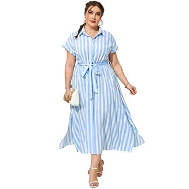 Imagem de KOJOOIN Vestidos maxi plus size para mulheres verão cinto de gravata trabalho vestido polo casual vestido de botão para baixo, Tira branca e azul, XXG