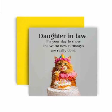 Imagem de Huxters Cartão engraçado de feliz aniversário da nora - Cat Show How Birthdays are Done - Vale-presente para o cartão dela para a nora - 14,8 cm (nora)