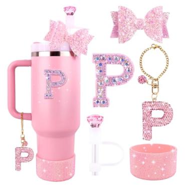 Imagem de Lingdeer Conjunto de acessórios rosa para Stanley Cup 850.5 g 1,134.0 g, pingentes de letras brilhantes, capa de palha de diamante, bota de silicone com glitter, adesivo personalizado, enfeite de