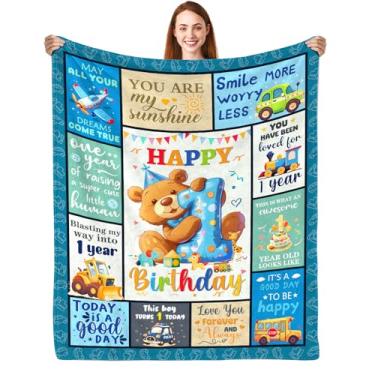 Imagem de CIUGOIG Presentes para meninos de 1 ano, cobertor de feliz aniversário 127 x 101 cm, presentes de 1º aniversário para meninos de um ano, ideias de presente de primeiro aniversário para meninos, urso