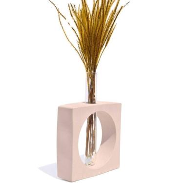 Imagem de Vaso Decorativo Artesanal Solitário Quadrado 16,5cm Cimento Palha