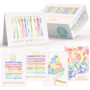 Imagem de VNS Creations Pacote com 100 cartões de feliz aniversário 100 x 15 a granel com envelopes e adesivos - Caixa variada, em branco, variedade, festa de escritório - Cartões sortidos de aniversário para