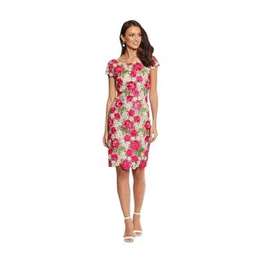 Imagem de Xscape Vestido midi feminino, manga curta, renda floral, bordado, bainha, Fushia/Nude, 38