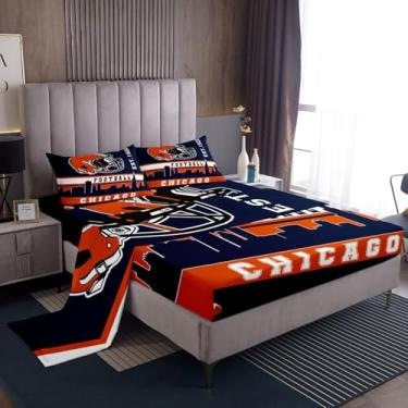 Imagem de Erosebridal Jogo de lençol solteiro de futebol americano, cidade de futebol americano, azul, laranja, fãs de futebol de rúgbi, decoração de quarto de jogos, bola esportiva, lençol com elástico