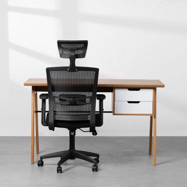 Imagem de Conjunto Office - Escrivaninha Vintage 2 Gavetas 1,30m Freijó e Branco + Cadeira de Escritório Toledo Alta Preto