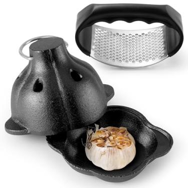 Imagem de GerdfeiTawtab Torradeira de alho de ferro fundido, caixa de defumador pré-temperada com espremedor de alho de aço inoxidável, para alho defumado, cogumelo, vegetal, carne, piquenique, acampamento,