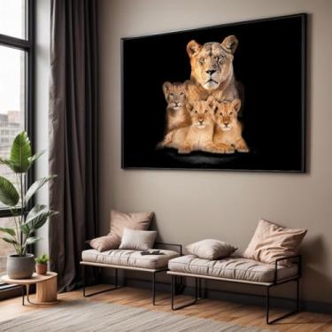 Imagem de Quadro com Moldura Sala Quarto 130x90 Leoa com 3 Filhotes Decorativo Horizontal Grande Hall